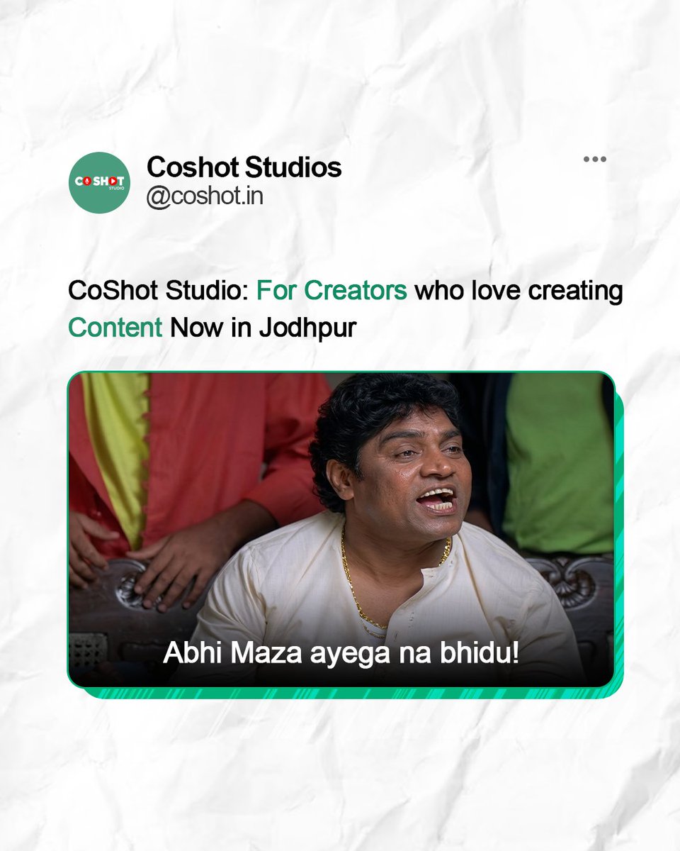 Coshot123's tweet photo. Content banane ka plan hai?
Abhi maza aayega na bhidu
CoShot Studio aa gaya hai Jodhpur mein — jahan ideas bante hain viral content!

#CoShotStudio #JodhpurCreators #PodcastStudioIndia #ContentCreationHub #AbhiMazaAyega https://t.co/hppIpMTN72