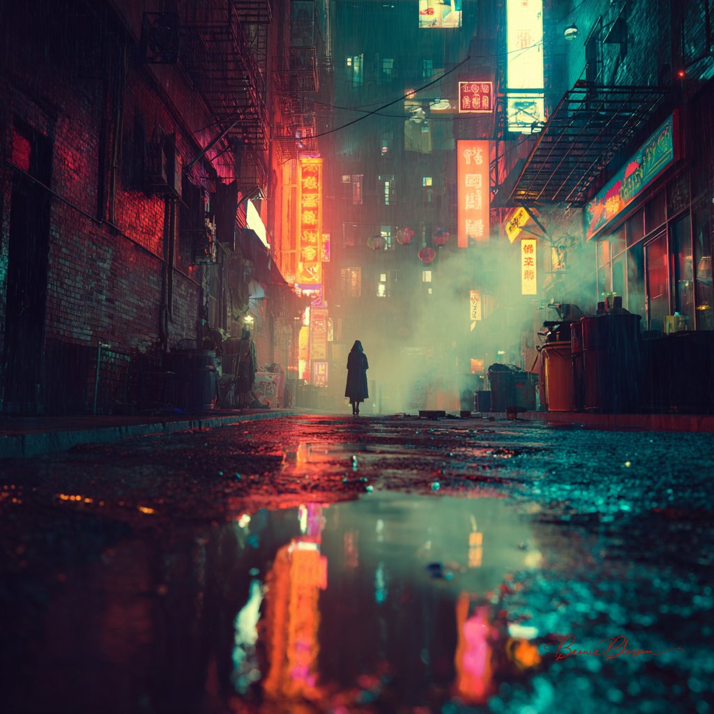 BeanieBlossom's tweet photo. Prompt: Neon-soaked back alley in a rain-drenched cyberpunk city, reflections of red and violet signage bleeding across wet asphalt, steam rising from grates, a lone figure in a hooded coat, cinematic noir atmosphere, hyper-detailed gritty textures, sharp contrast, tense and electric
Feel free to join in :)
#AIArtWork #AIArt #AIArtists #AIArtCommunity #PromptShare