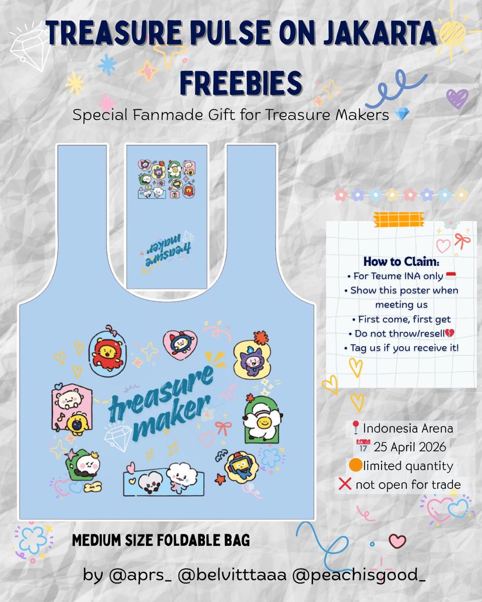 ꒰ 💎 TREASURE PULSE ON JAKARTA FREEBIES 💎 ꒱
by <a href="/aprs_/">PUCAN</a> <a href="/belvitttaaa/">bel 🐈‍⬛🧶</a> <a href="/peachisgood_/">Peach is good 🍑 Impick Cover Fanmerch</a> 

📍 Indonesia Arena  
📅 25 April 2026  (DAY 1)
🔜 Exact Time and Place TBA

♡ limited qty
♡ not open for trade
♡ rt &amp; likes are appreciated

see you teume!💗

#TREASURE_PULSE_ON_IN_JAKARTA