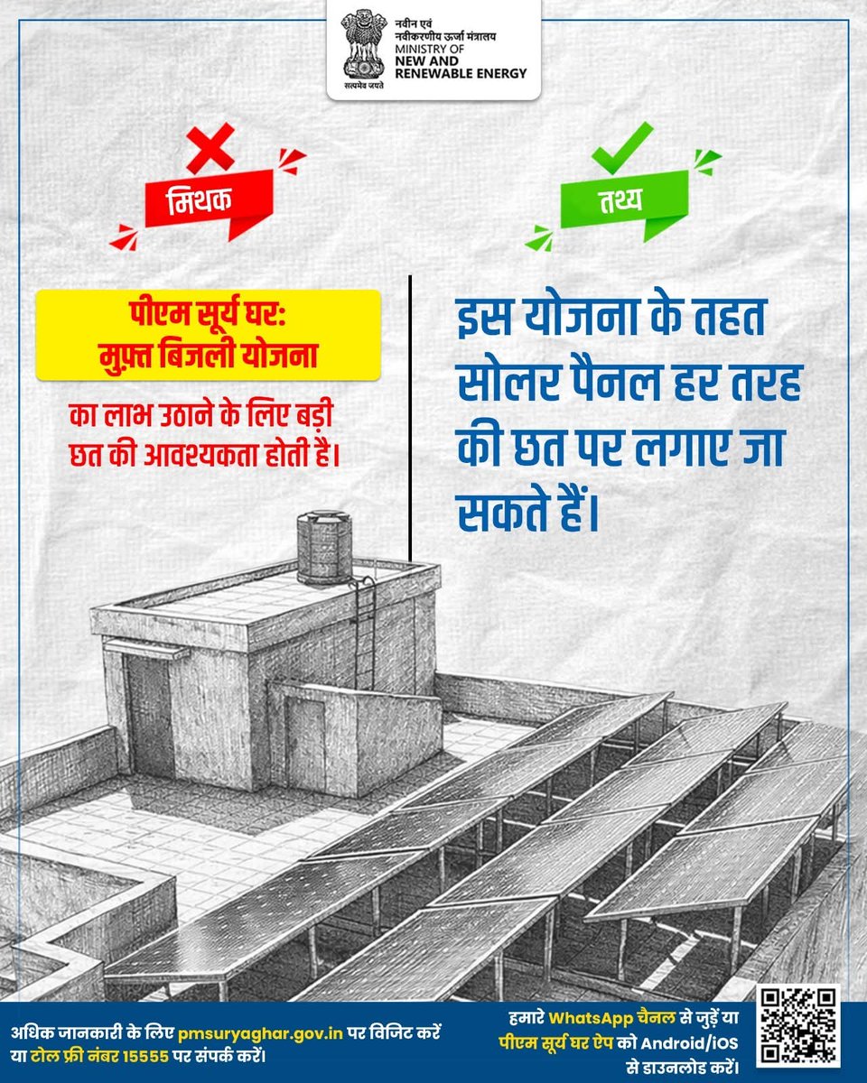 mpeastdiscom's tweet image. यह केवल अफवाह है, इस पर ध्यान न दें !

पीएम सूर्य घर: मुफ़्त बिजली योजना के तहत सोलर पैनल किसी भी छत पर लगाए जा सकते हैं।
आज ही इस योजना से जुड़ें और बनाएं अपनी छत को पावरहाउस!

#PMSuryaghar #RooftopSolar #mythandfact  #Prosumer #FreeElectricity