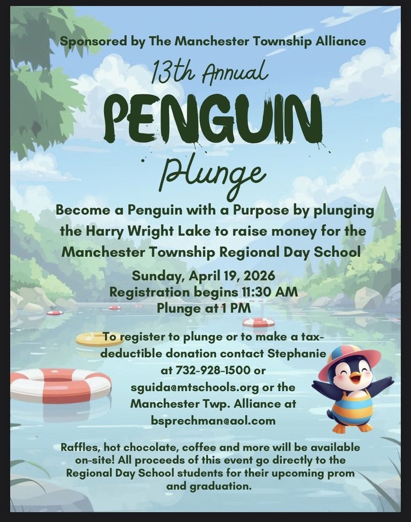 MTSDnews's tweet photo. Take the plunge this week for a great cause! The 13th Annual Penguin Plunge, sponsored by the Manchester Township Alliance, returns to Harry Wright Lake on April 19. Help raise funds for Regional Day School students’ prom &amp; graduation. Learn more at https://t.co/SVkGebC16H https://t.co/Yx7vY4Xuxa