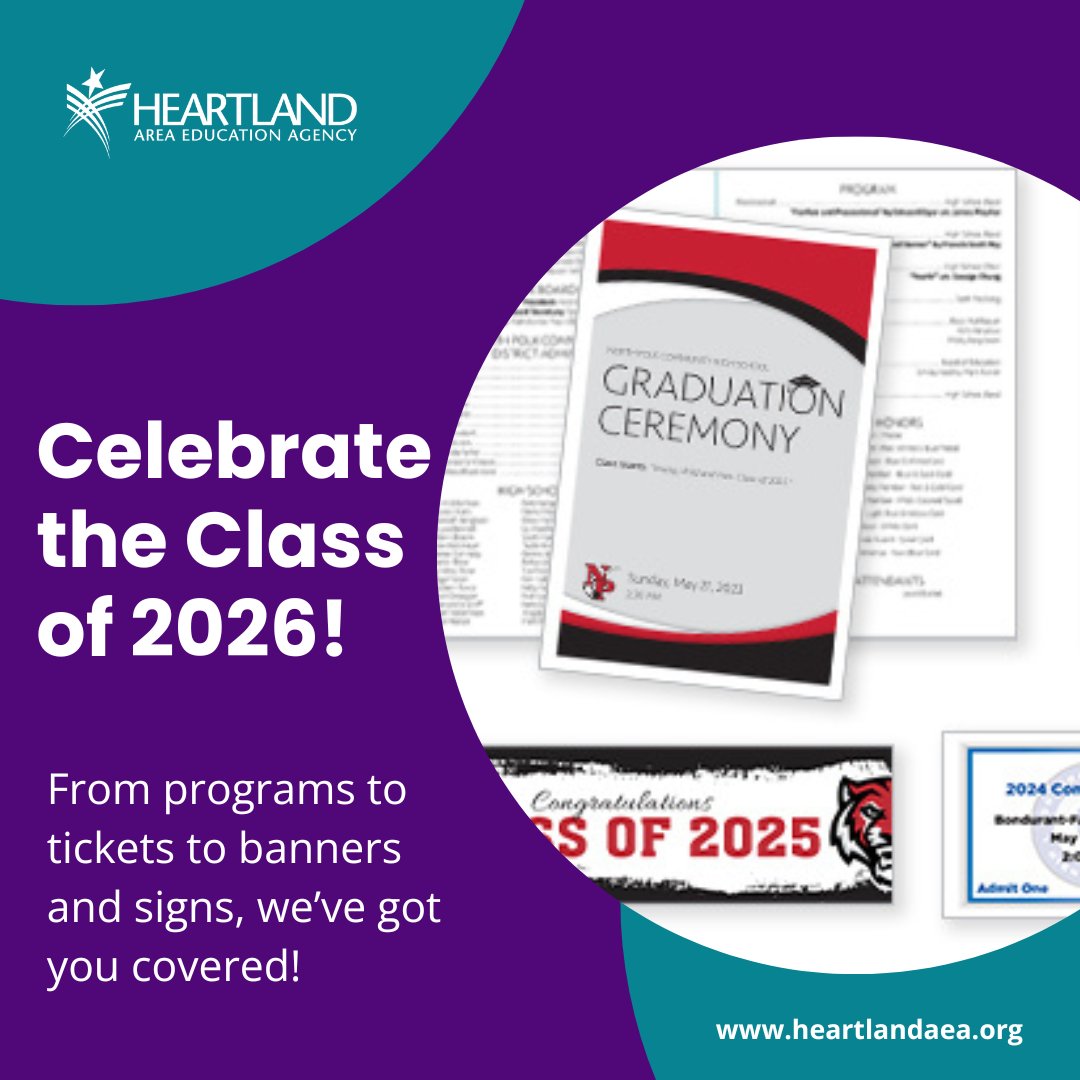 HeartlandAEA's tweet image. Districts &amp;amp; schools: Make graduation unforgettable with custom designs &amp;amp; printing from Heartland AEA! 🎓

✨ Programs &amp;amp; tickets
✨ Senior banners &amp;amp; yard signs
✨ Posters, bookmarks &amp;amp; stickers

Order online today! 
🔗 ow.ly/l4uR50YHgRq

#ClassOf2026 #Graduation