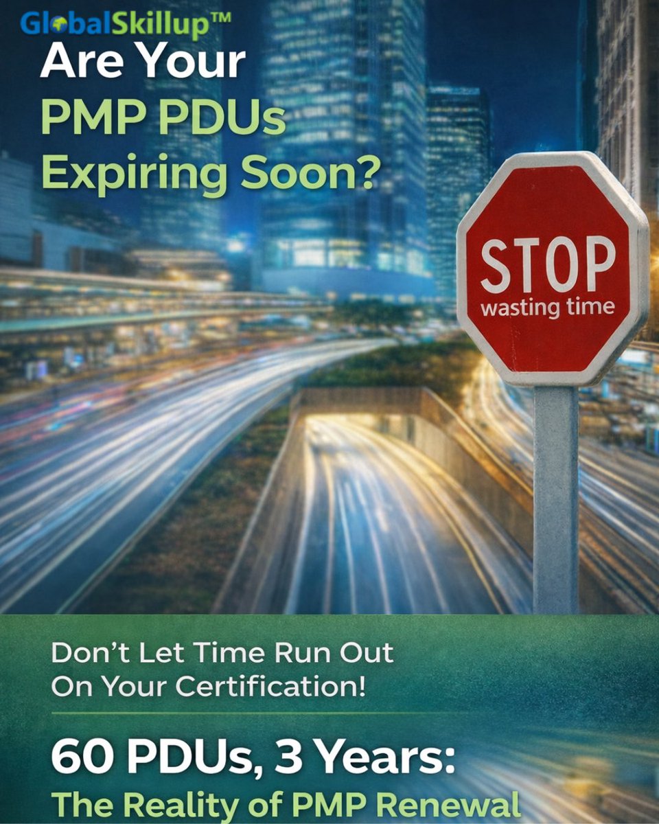 globalskillup's tweet photo. **60 PDUs, 3 Years: The Reality of PMP Renewal**

3 years. 60 PDUs. Sounds easy—until you delay it.

• Not optional
• Needs consistency
• Last-minute = stress

Start early. Track progress. Build real skills.

With Globalskillup, renewal is simple, structured, and stress-free. https://t.co/xrdsZvYXnK