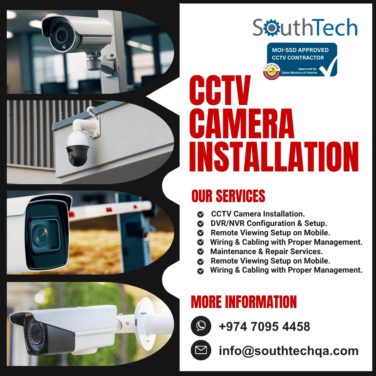 SouthTechQatar's tweet photo. Secure your home or business with the pros! 🛡️📹

SouthTech is your MOI-SSD approved contractor for professional CCTV installations in Qatar. 

Contact us today: 
📞 +974 7095 4458 
📧 info@southtechqa.com
#CCTV #Qatar #SecuritySystems #SouthTech #HomeSecurity https://t.co/wXEvqy5LtO