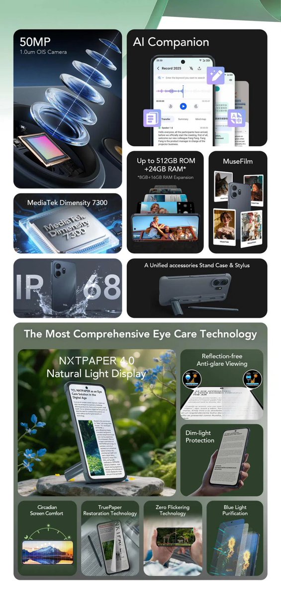 drbeel_techno's tweet image. #TCL
طرحت TCL هاتفها #NXTPAPER70Pro ببطاىية تدوم 7 أيام و شاشة مكفية و :
- شاشة 6.9 بوصة FHD+ NXTPAPER 120Hz غير لامعة لتقليل الوهج وإجهاد العين
- معالج MediaTek Dimensity 7300 6nm
- ذاكرة رام 8GB
- ذاكرة تخزين 256GB / 512GB
- دعم كرت الذاكرة الخارجي microSD
- بطارية 5,200mAh مع