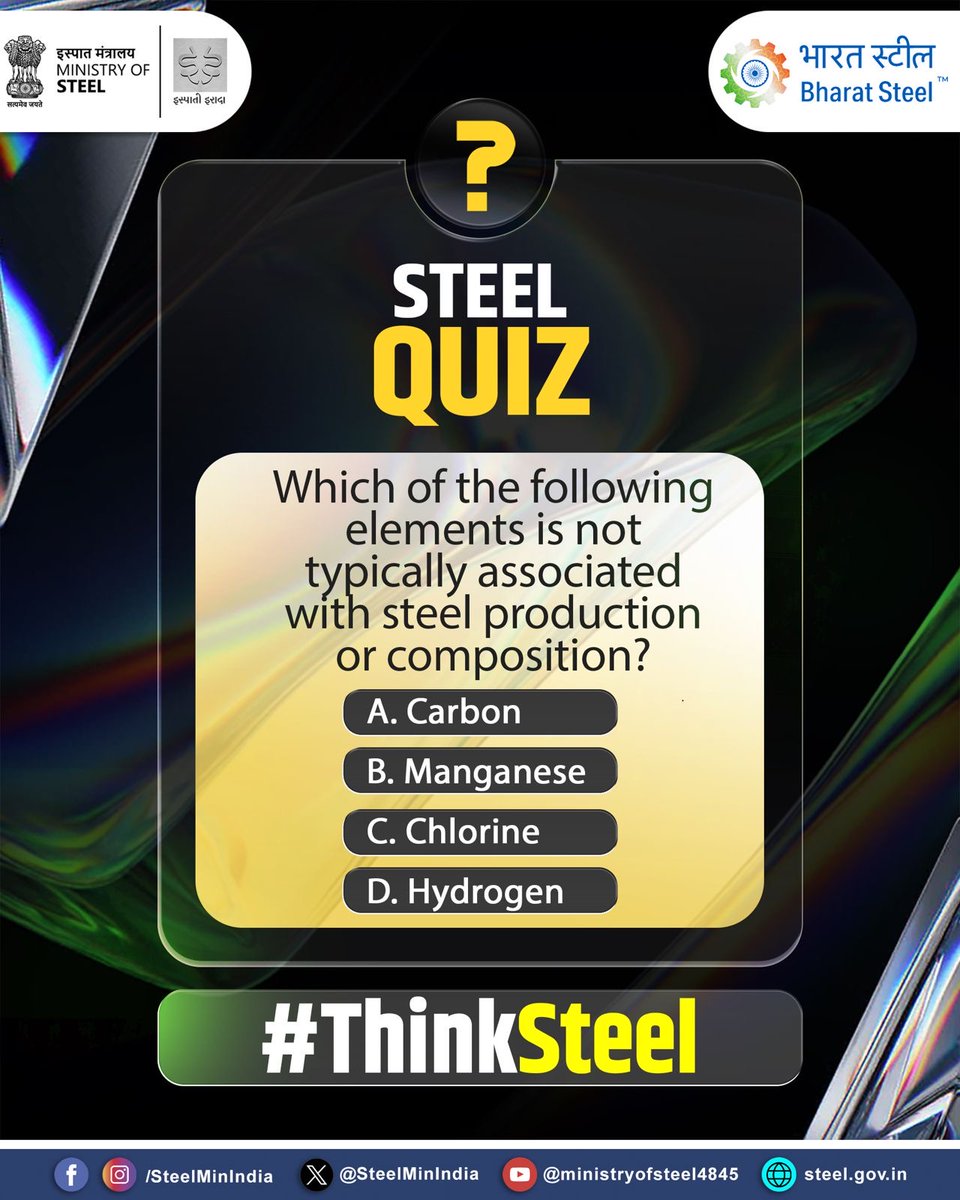 SteelMinIndia's tweet photo. How well do you know steel—the backbone of modern India? 🔩
From infrastructure to innovation, steel is everywhere. Take this quick quiz and test your knowledge!

#SteelQuiz #SteelFacts #ThinkSteel https://t.co/R4ZQXPkQHV