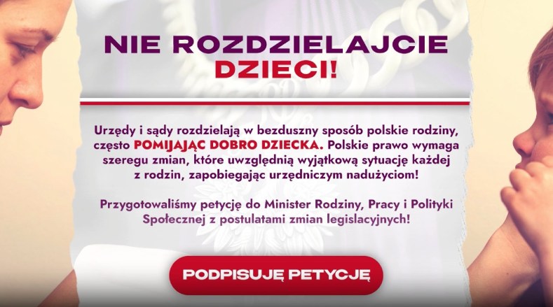 🚨 W Polsce dzieci są odbierane rodzicom – często bez wyroku sądu, bez realnej pomocy rodzinie, bez szansy na obronę.
Przepisy dotyczące pieczy zastępczej łamią prawa rodzin i dobro dzieci. To musi się zmienić.
Podpisz petycję i zażądaj reformy prawa!
👉 nierozdzielajcierodzin.pl
