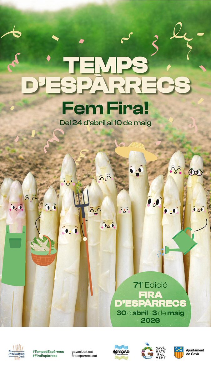 AjuntamentGava's tweet photo. 🎉🤗🌾 Ja és oficial! Tenim cartell del Temps d’Espàrrecs i de la Fira 2026!
💚 Enguany posem en valor els espàrrecs i la pagesia 👨🏼‍🌾, símbols de tradició, excel·lència i saber fer de Gavà!
#Gavà gaudirà d’uns dies de tradició, gastronomia, i molta música! https://t.co/zyBnKJMRxB