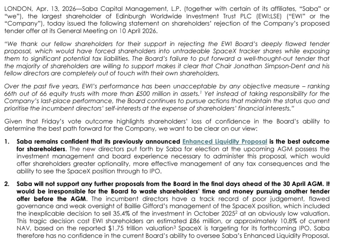 Muppetsdad2's tweet image. Edinburgh Worldwide Investment Trust
Holders should read today's full #SABA statement.
I sold my #EWI stock taking profit thanks.
Prefer a simple life.
Bought Schiehallion investment trust instead - 13.5% #SpaceX plus several wunderkind in the pf.