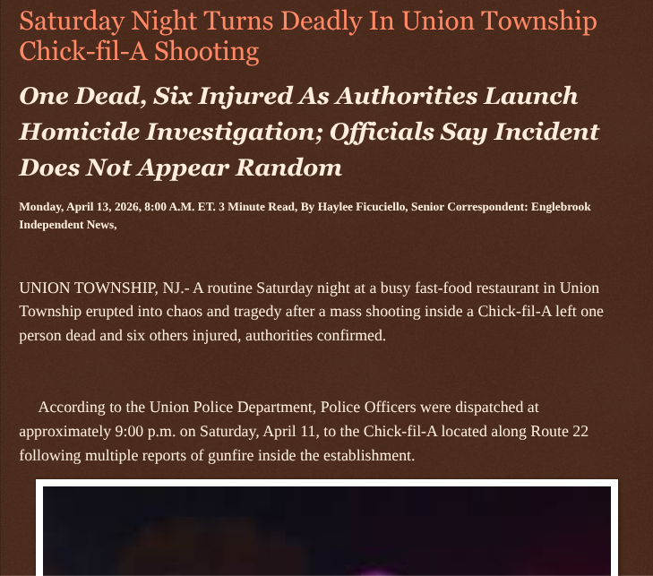 ArtFletcher9's tweet photo. Saturday Night Turns Deadly In Union Township Chick-fil-A Shooting https://t.co/HhuX8QuYQ8 via @Englebrooknews #NewJersey #CrimeNews #UnionCountyNJ #UnionTownshipNJ @ChickfilA #MassShooting #shooting #homicide #investigation @wireless_step @HRG_Media @LodiNJNews @HayleeNews @Fordmb1953 @SarahGeving1 @Shannon96574094 @DanCook26214426 @Daytobehappy @janninereid1 @gator4kb18 @TrumpWasRite2 @KathyKbrose @RobGerundo @JimBobW49