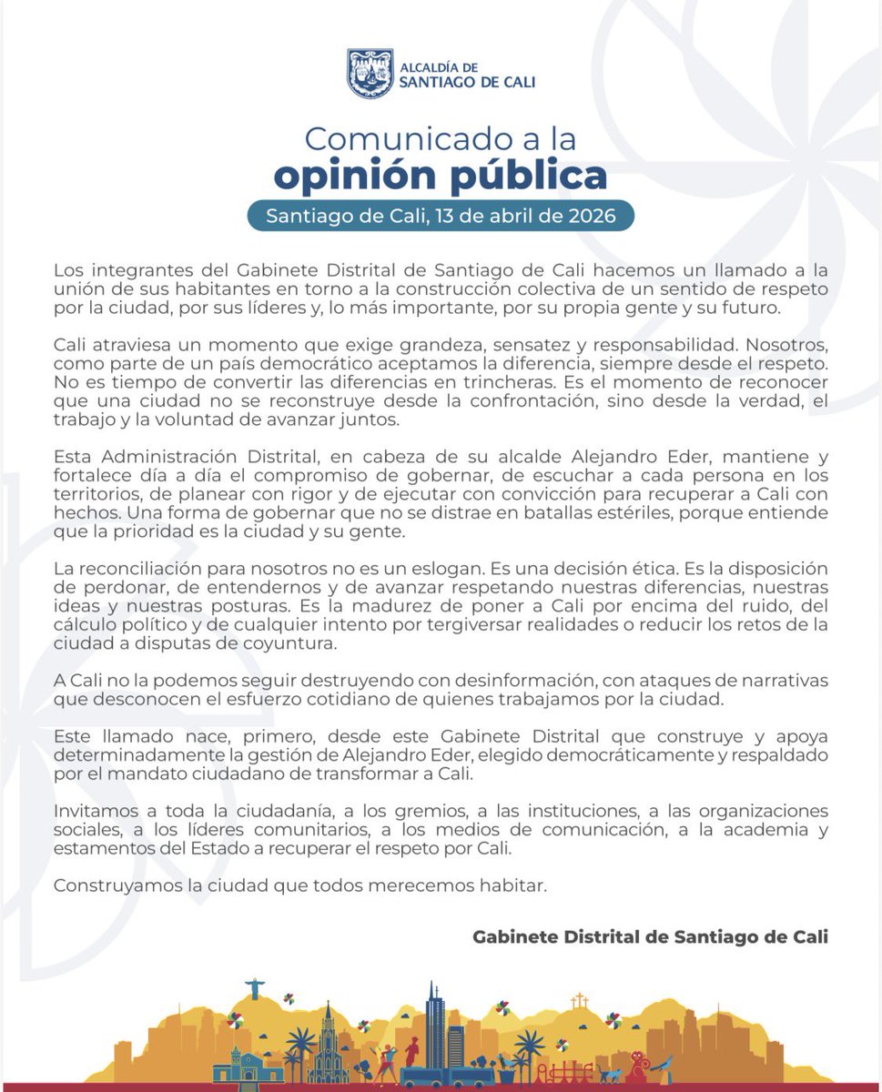 SeguridadCali's tweet photo. Cali nos necesita unidos. Es momento de dejar la confrontación y construir desde el respeto, la verdad y el trabajo conjunto.

Para nosotros, la reconciliación no es un discurso, es una decisión. Es entendernos, respetarnos y poner a la ciudad por encima del ruido. https://t.co/4B66J4a2ry