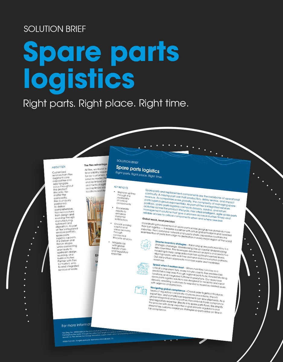 Flexintl's tweet image. Operational continuity = readiness. 

Flex spare parts logistics helps you keep the right parts in the right place—improving visibility, response time, and uptime.

🔎 Explore more: brnw.ch/21x1yc3

#SupplyChain #Logistics #Uptime
