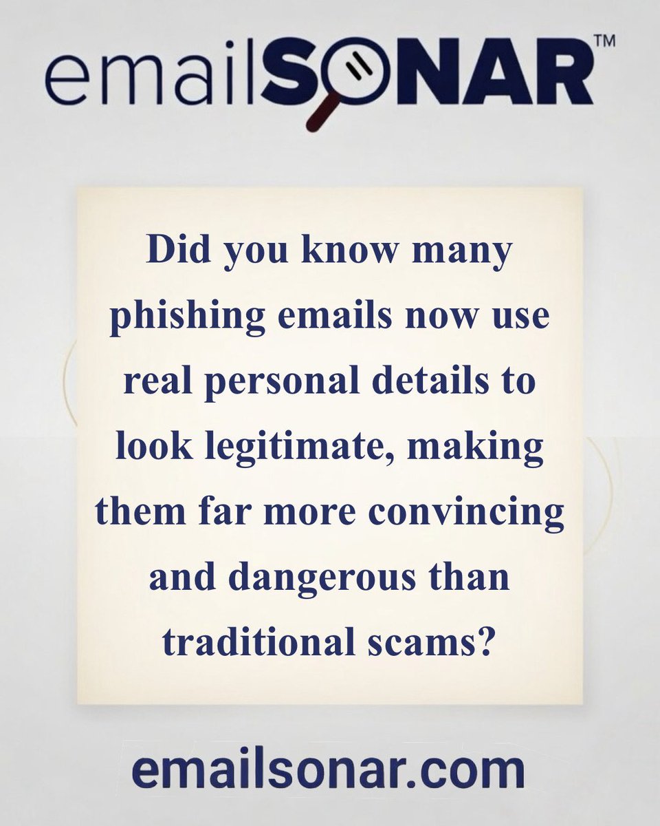 grip_fu's tweet image. Phishing emails aren’t just random anymore, they’re crafted with real details to earn your trust and catch you off guard. Let emailSONAR analyze it for you so you can stay protected with confidence.

#emailsecurity #phishingawareness #cybersecuritytips #onlinesafety #emailSONAR
