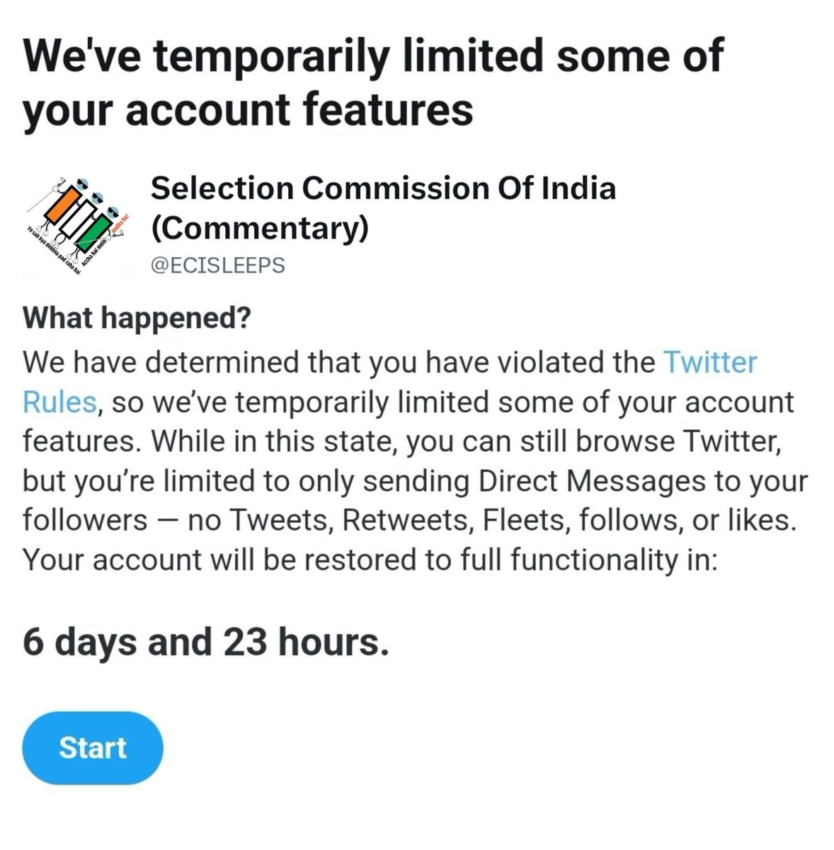 ECISLEEPS's tweet photo. Once again, BJP &amp; it's IT Cell mass reported my account for questioning them.

They got me locked for 6 days, slowed down my reach &amp; reduced 100+ of my followers.

People are not able to see my tweets

If you can see this post of mine, support me by retweet &amp; liking this tweet.🙏 https://t.co/VNsG5k7Njv