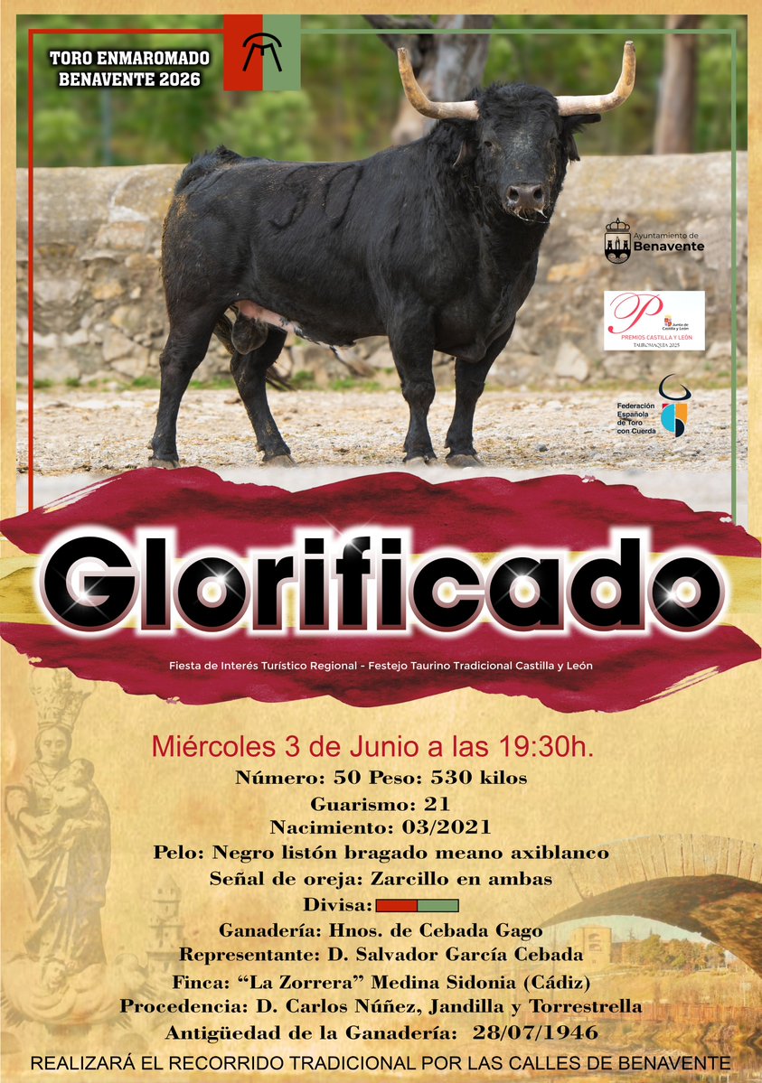 FIESTAS|

🐂'Glorificado' un astado de <a href="/HrosCebadaGago/">Hros. de Cebada Gago</a> es el elegido para ser Toro Enmaromado 2026.

👉Te esperamos el próximo miércoles, 3 de junio en las calles de Benavente📍