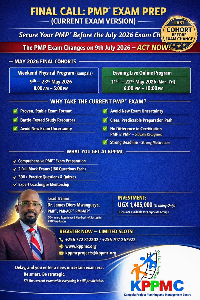JAMESDIERSM's tweet photo. The PMP® exam is changing on 9th July 2026. And with every exam change comes one thing: uncertainty.
Right now, you still have the advantage of a well-understood, stable, and predictable exam format—supported by mature study materials, proven strategies, and real success data. But that window is closing fast. 
At KPPMC, we are making our final intake for candidates who want to sit the current PMP® exam with confidence.