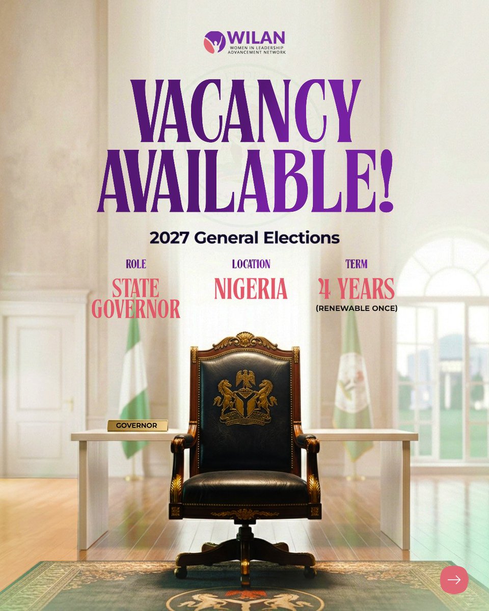 wilanglobal's tweet photo. Nigeria is hiring. Are you qualified to lead a state… or do you know a woman who is?

This week, the vacancy is for State Governor. This role sits at the centre of state-level power, shaping how policies are implemented, how resources are managed, and how people actually experience governance day to day. From economic direction to public service delivery to security, the impact is immediate and local.

If leadership is a job, then this one is clear. Who has the competence to manage resources, the discipline to deliver on policy, and the judgment to lead under pressure?

Through this campaign, we are opening up the conversation and inviting the public to actively participate in shaping the future of leadership ahead of the 2027 elections. Because when we begin to look at these roles for what they are, the expectations change.

So, who should lead your state?

WOMEN APPLICANTS ONLY

#MyDreamGov #NigeriaDecides2027 #2027StartsNow