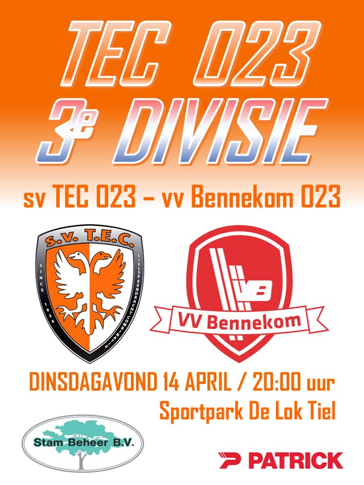 Dinsdagavond speelt onze O23 de inhaalwedstrijd tegen de O23 van <a href="/vvbennekom/">vv bennekom</a> 
#tecben #O23