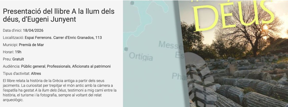 OmniaBooks's tweet photo. Eugeni Junyent presenta la seva obra "A la llum dels déus" el pròxim 18 d'abril a les 19h a L'Espai Ferrerons de Premià de Mar.
#llegirencatalà #santjordi2026 #viatjar #arqueologia #turisme #grècia https://t.co/poHBu6ooSp