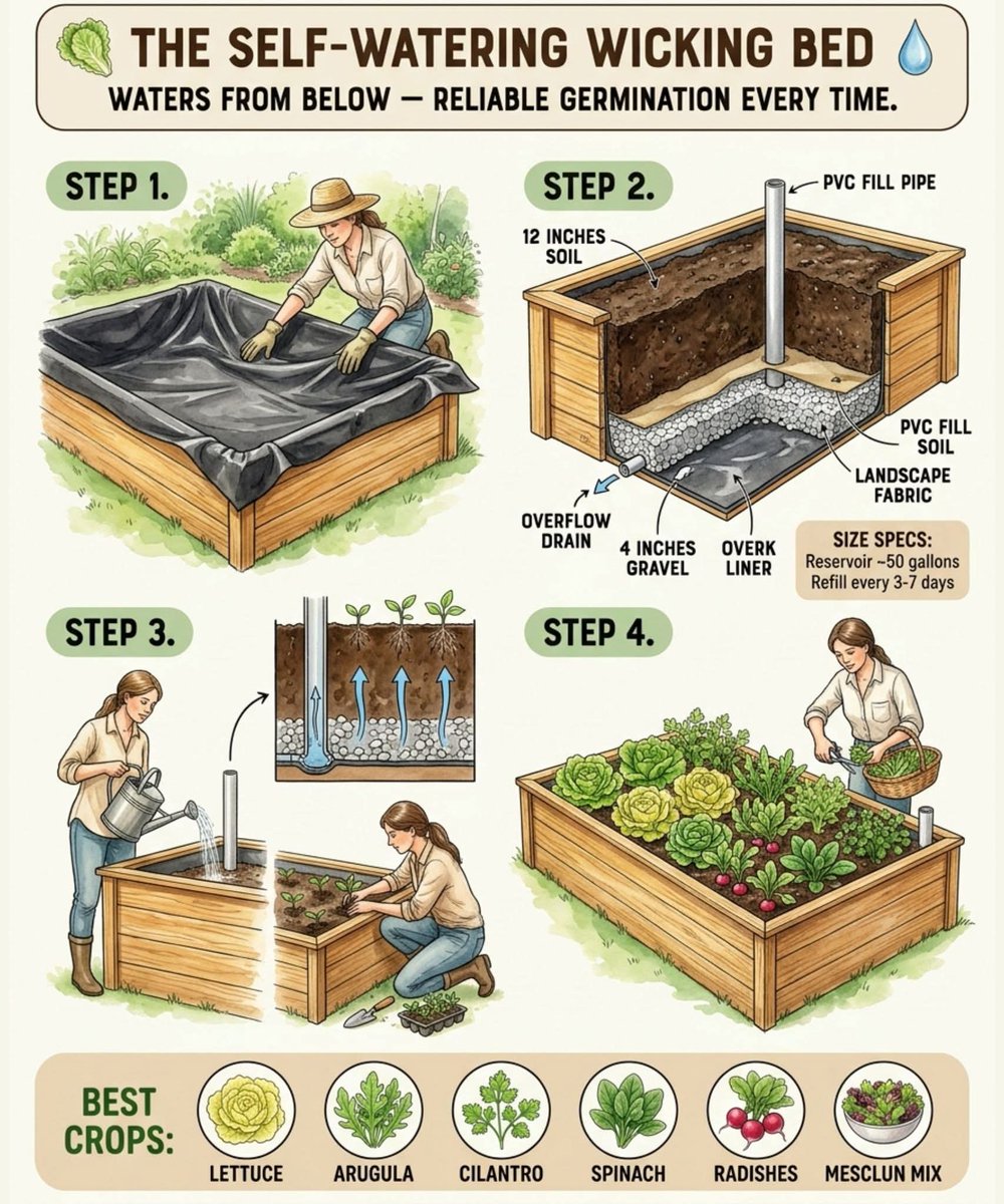 WICKING BED: THE SELF-WATERING RAISED BED THAT SAVES WATER

A wicking bed is a raised bed designed with a hidden water reservoir at the base, allowing crops to draw moisture from below through capillary action. Instead of watering from the surface every day, the system keeps the