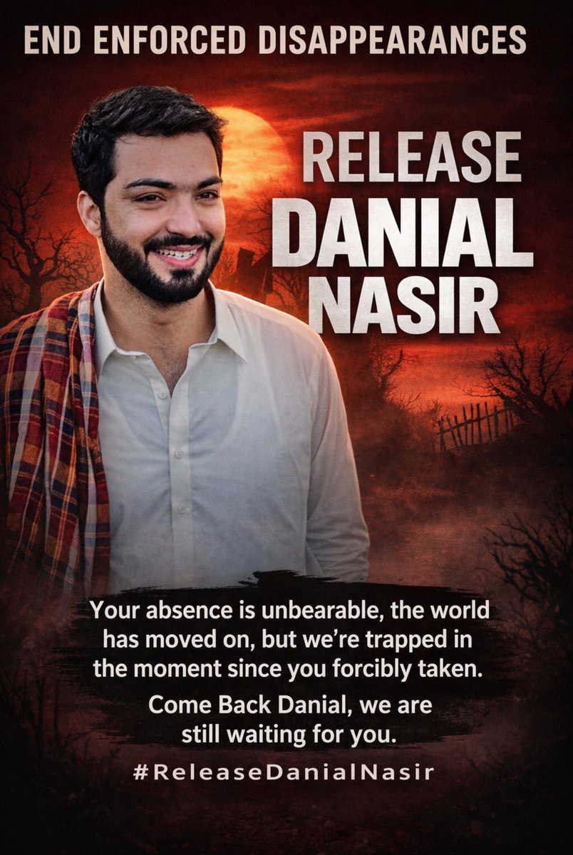Release_Danial's tweet photo. The disappearance of Danial Nasir is a message of fear sent to every #BalochStudent. Taking a sick student and withholding his location for 57 days is an act of inhumanity that leaves an entire community in constant anxiety. No one should be disappeared without a trial or denied medical care.
#ReleaseDanialNasir
#SaveBalochStudents
#EndEnforcedDisappearance
@BBCUrdu
@HRCBalochistan
@paank_bnm