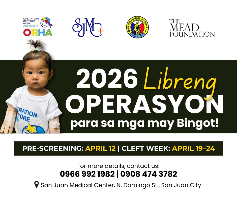 2026 Libreng Operasyon para sa mga may Bingot

Free cleft lip &amp; palate surgeries

📍 San Juan Medical Center
📅 April 19–24

Because one surgery can change a life.