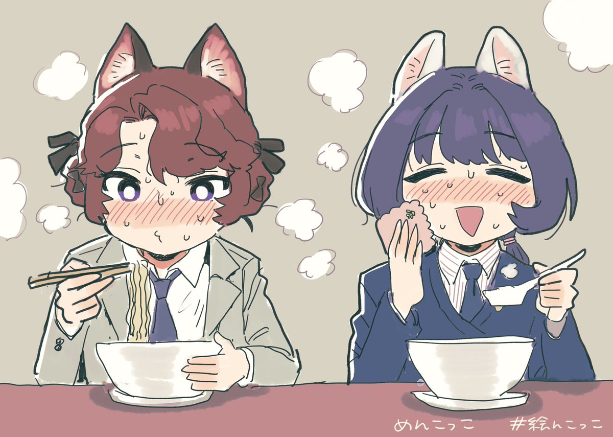 酒田のラーメンを食べるふたり #絵んこっこ