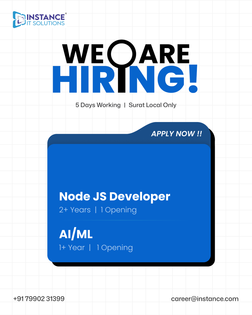 instance_it's tweet photo. We're expanding our team and looking for talented professionals to grow with us! π
Join Instance IT Solutions and be part of something exciting.
#WeAreHiring #NodeJSJobs #AIMLJobs #SuratJobs #HiringNow #TechJobs #InstanceITSolutions #CareerOpportunity #ITJobs #JoinOurTeam https://t.co/0kFm50agbp