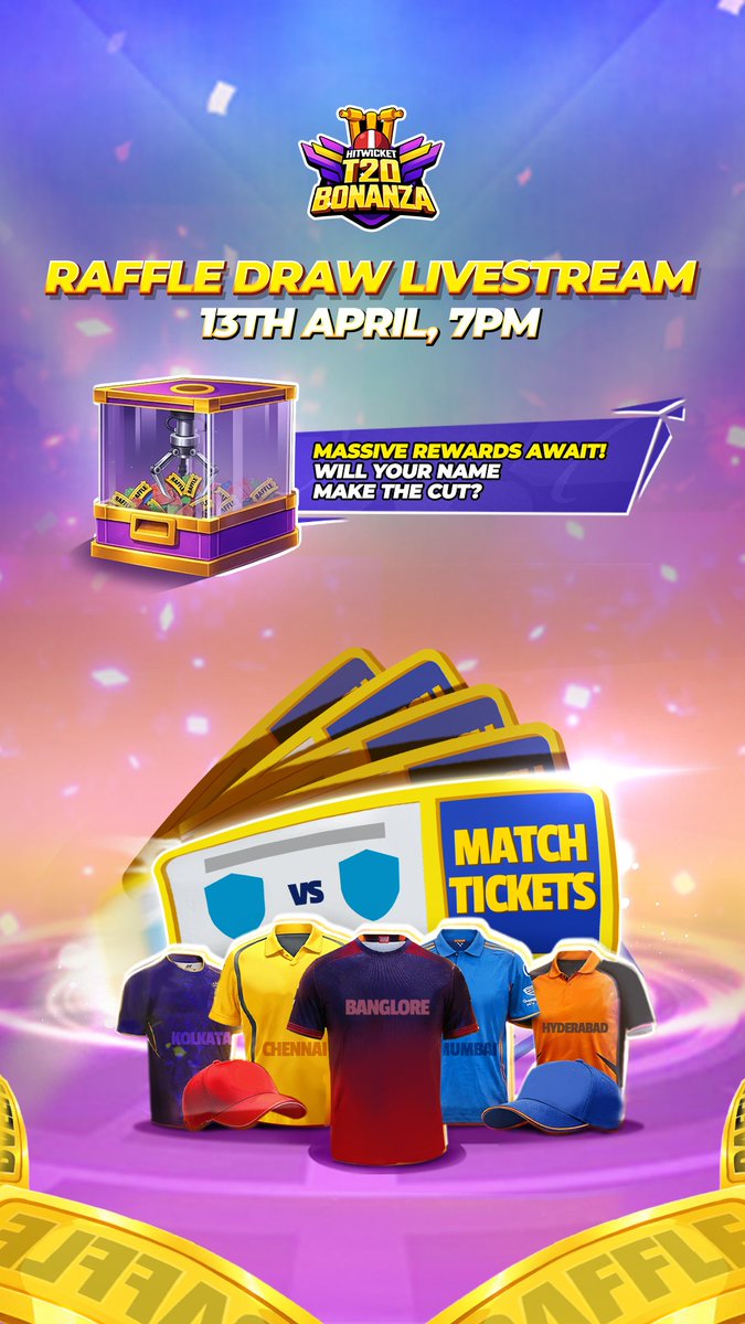HitwicketGame's tweet image. It's finally time!🎟️🔥

Join us live on YouTube on 13th April, 7PM for the Hitwicket T20 Bonanza Raffle Draw. Massive rewards and match tickets up for grabs.

Will you make the cut? Stay tuned to find out!👀
#T20League #cricket #tickets