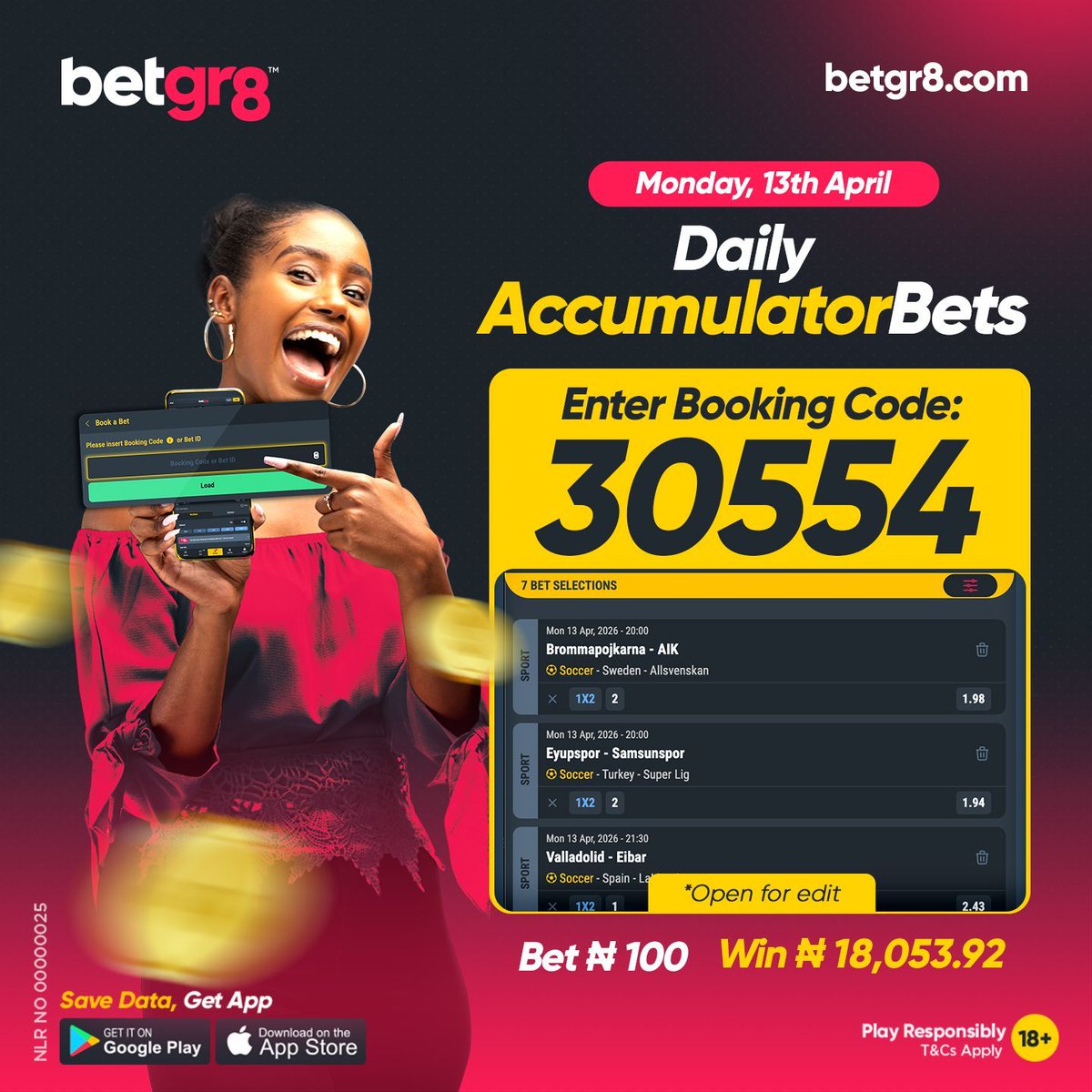 Betgr8Nigeria's tweet image. 🚨 Monday's Booking Code is LIVE! ⚡️
Your winning slip is locked and loaded. Just load it up!
🔓 Code: 30554
👉 betgr8.com/ng/retrieve-bo…

Review the games, tweak, then stake!

Best of luck!

18+ | #Betgr8 #BestOdds #BookingCode #MondayMotivation