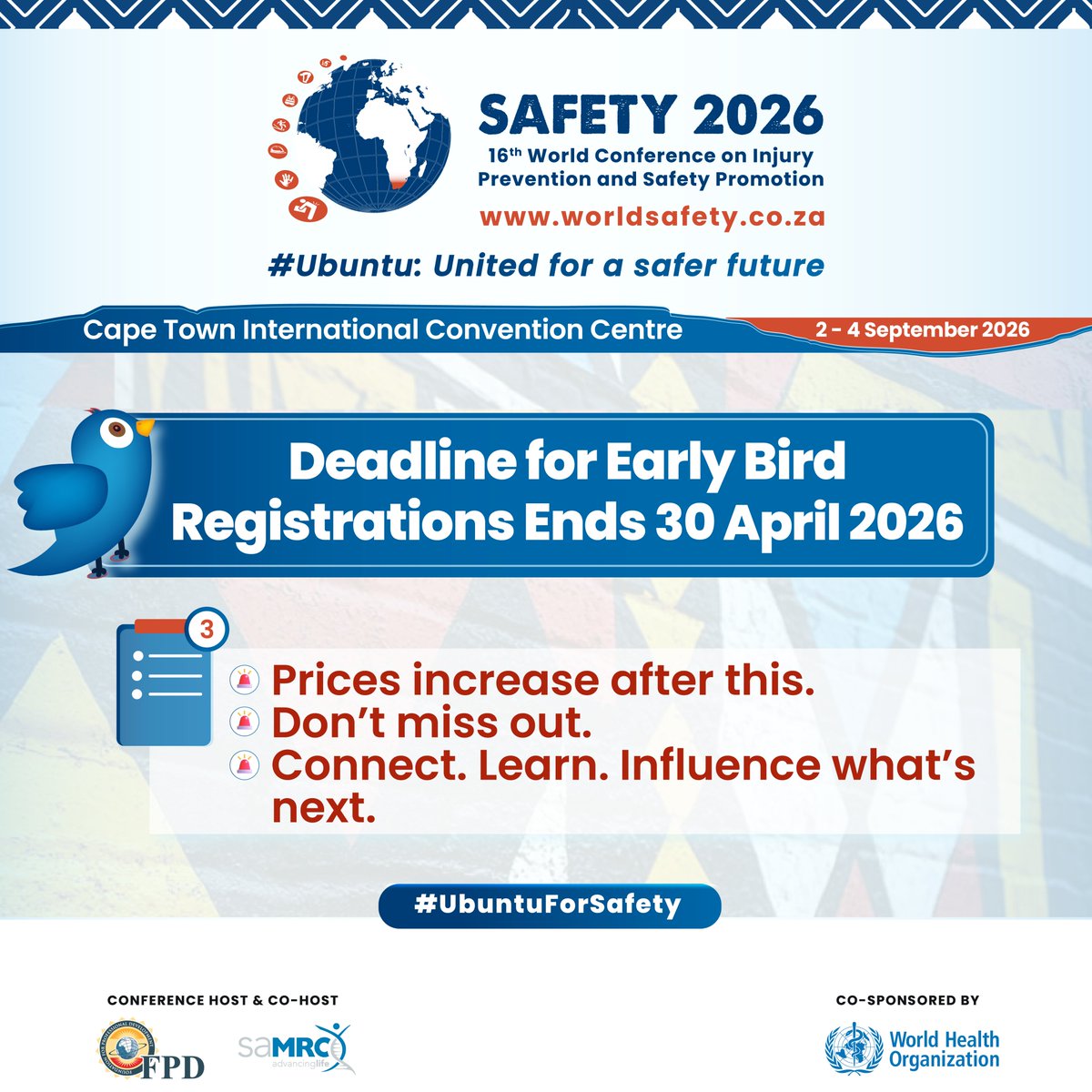 Conf_Safety's tweet photo. 💥 Lock in your spot at a reduced rate before prices increase​
👉 Register now before the deadline!​  https://t.co/ITcReay7jH
Don’t miss your chance to be part of a global gathering shaping the future of safety​
#Safety2026 #EarlyBird #InjuryPrevention #GlobalSafety https://t.co/2nW6u9c0wA
