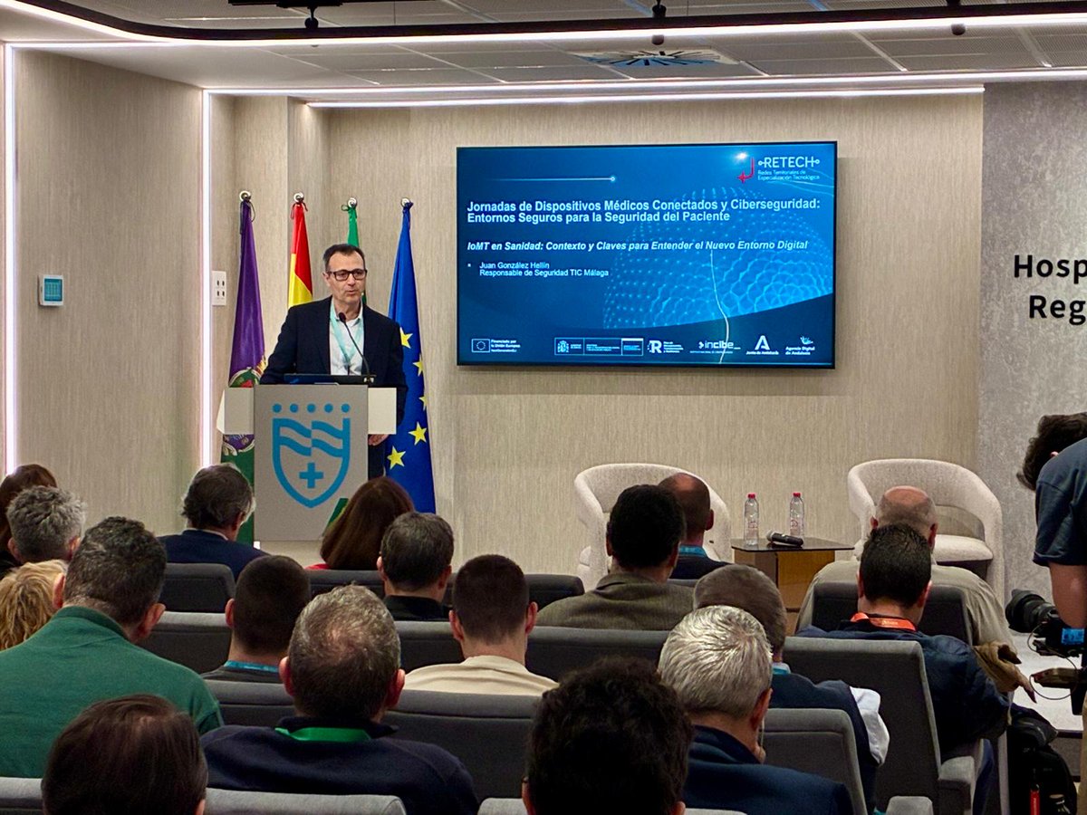 HRegionalMalaga's tweet image. 🔐🏥 El Hospital Regional de Málaga ha sido el primer centro en acoger la jornada “Ciber IoMT en el entorno sanitario”, un encuentro centrado en el impacto de los dispositivos médicos conectados en la seguridad del paciente.

#Ciberseguridad #IoMT
#SomosHRegional 
#HRUMContigo