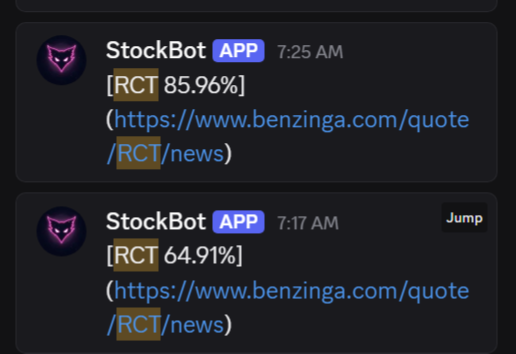 CoachNickMoney's tweet photo. $RCT ran up 119% so far today! We spotted it for our private #Discord before its parabolic run today. Get a 4-day trial for our real-time stock movers, news &amp; custom-made scanners for only $9.99: https://t.co/JoD8NBznXk https://t.co/9FmarGUNZf