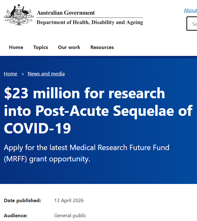 TomKindlon's tweet image. Great news from Australia

$23M for research into PostAcute Sequelae of COVID19
health.gov.au/news/mrff-23-m…

Includes
"compare the underlying causes of PASC with illnesses that happen after a viral infection, #MECFS, POTS &amp;amp; fibromyalgia. These will be small-scale projects"
#LongCovid