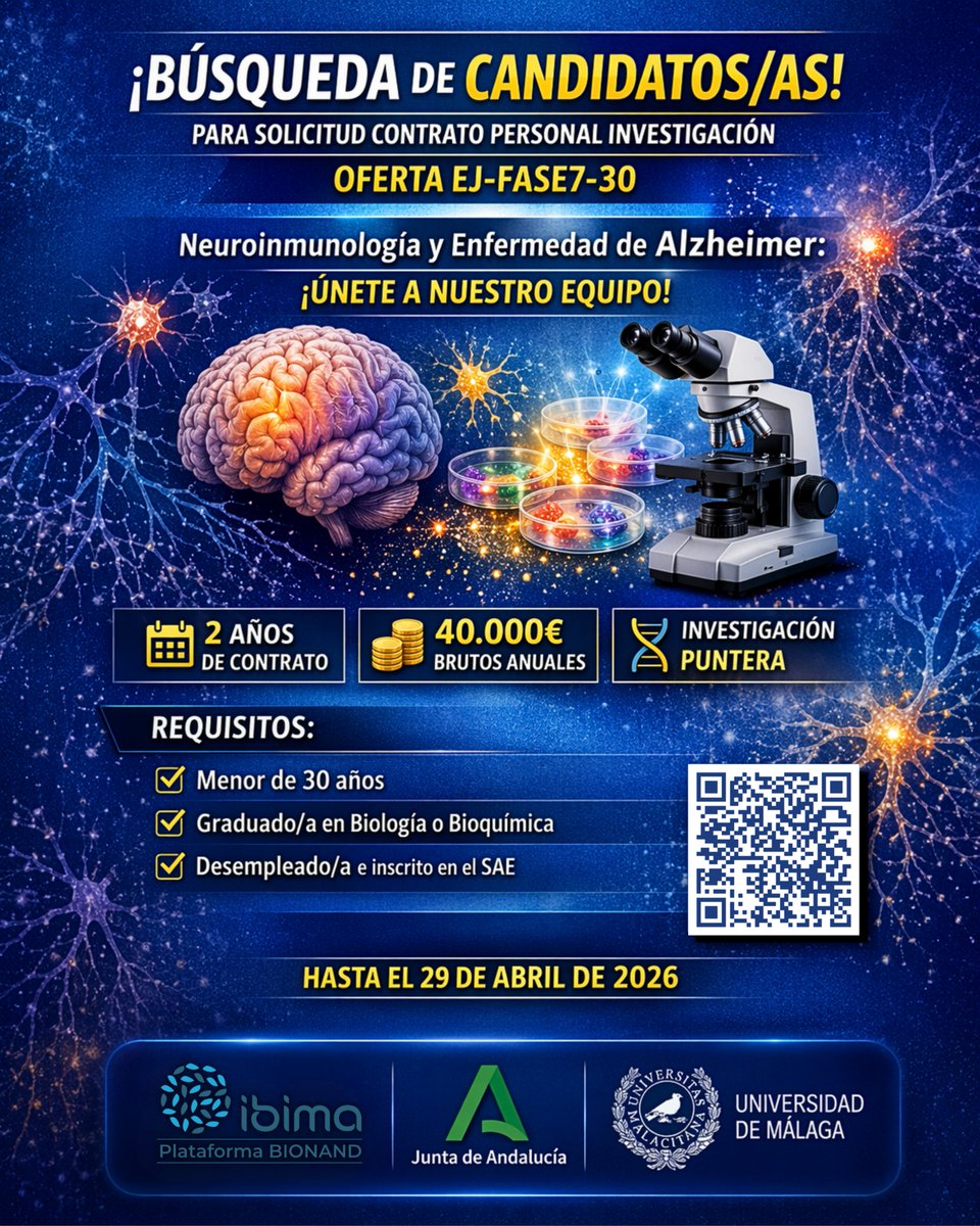 _ibima's tweet image. ¡BUSCAMOS TALENTO! 🧬🧠

Convocatoria abierta para investigar sobre #Alzheimer y #Neuroinmunología en el #IBIMA-@InfoUMA.

💰 40.000€ brutos/año
⏱️ 2 años
📍 Málaga

Requisitos:

🔹 &amp;lt; 30 años
🔹 Grado en Biología/Bioquímica
🔹 Inscrito en SAE

⏳ Fin de plazo: 29/04/2026