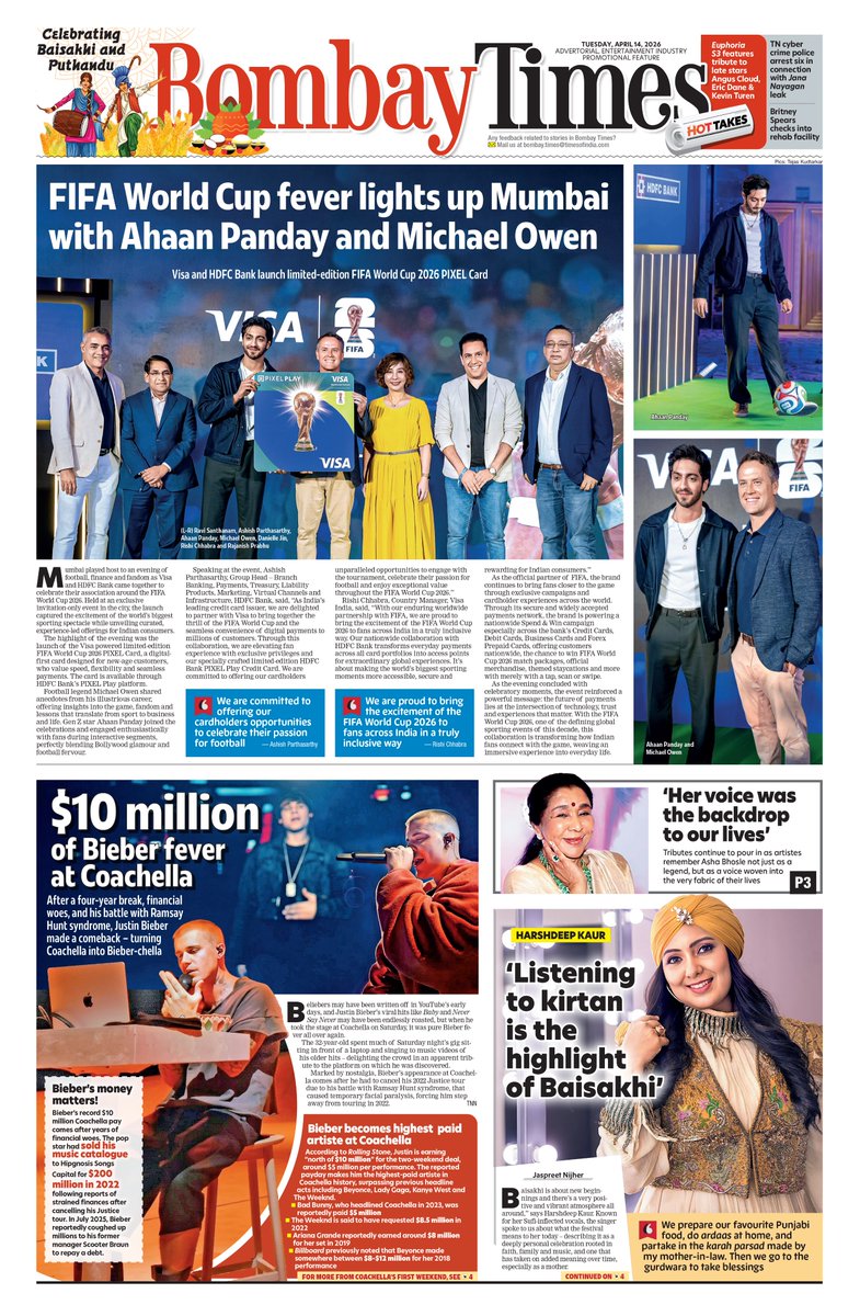 bombaytimes's tweet photo. Today's P1: FIFA WC fever lights up Mumbai with #AhaanPanday and #MichaelOwen; after a four-year break, #JustinBieber makes a comeback at #Coachella; #HarshdeepKaur talks about her memories attached to #Baisakhi
#BombayTimes
Read: https://t.co/zhUN5PNtEu https://t.co/OzNi3obRVD