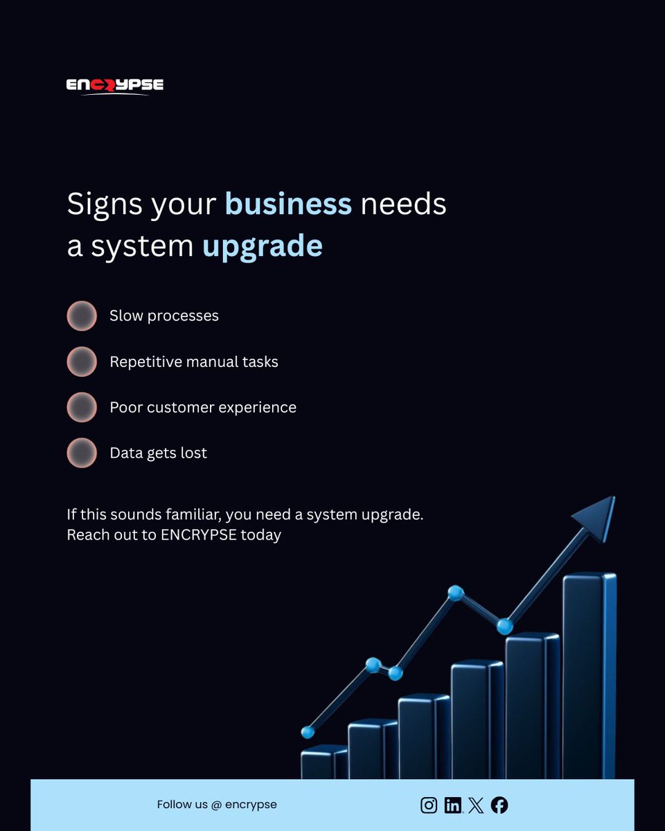 _encrypse's tweet photo. If your systems are slowing you down, they’re already costing you.
 It might be time for an upgrade.

Let’s help you build smarter, faster, and more reliable systems.
 📩 Reach out to Encrypse today.
#Encrypse #DigitalTransformation #BusinessGrowth #Automation #TechSolutions https://t.co/bpLnFYrpIK