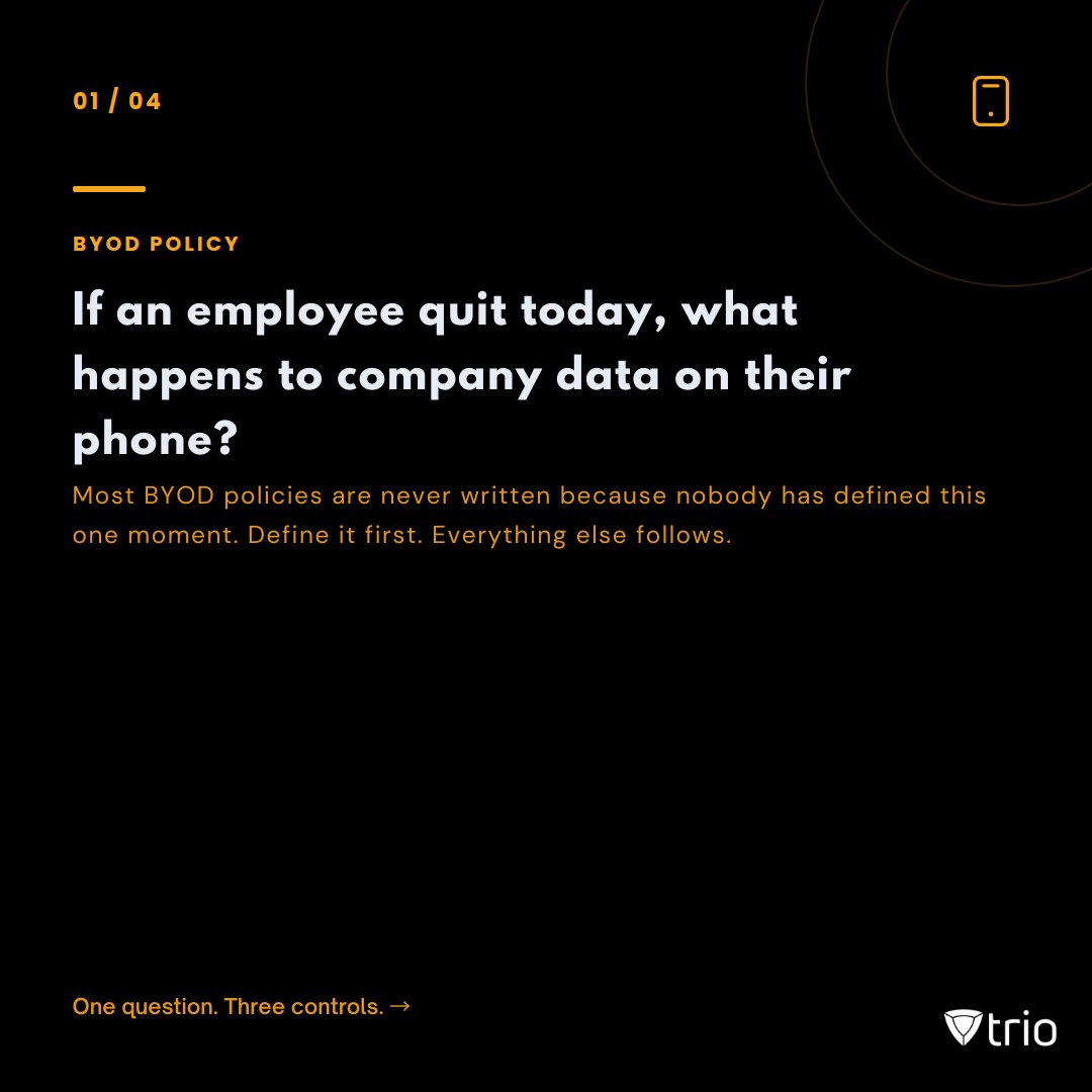triosoftinc's tweet image. A BYOD policy does not need to be long. 
It needs to tell employees exactly what happens to their phone if they leave.

#BYOD #MDM #ITManagement #DeviceManagement