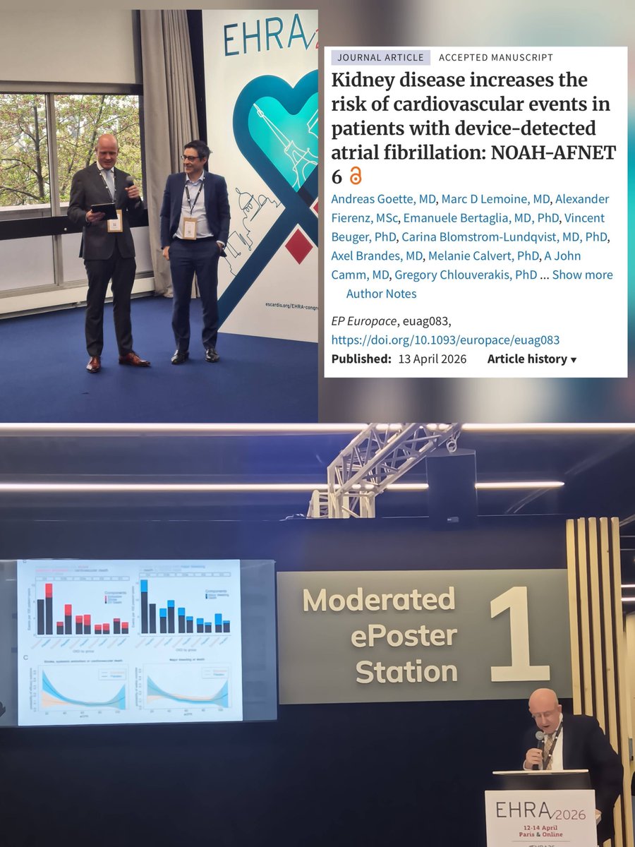 afnet_ev's tweet photo. #Kidney disease increases the #risk of cardiovascular events in patients with device-detected #AtrialFibrillation — insights from the #NOAHtrial, presented by Prof. Dr. Andreas Goette.😃
The full article is now published in #Europace: https://t.co/XIEtWsRefP https://t.co/KfOPbpx4d4