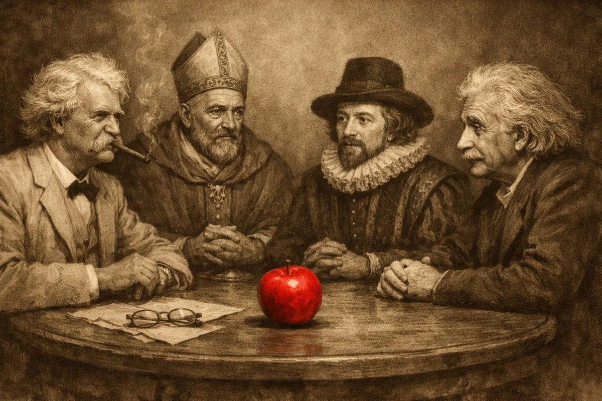 danhoffmantmg's tweet photo. Across the Centuries: On Curiosity, the Apple and the Cost of Knowing

Eden (The First Boundary)

Before there were markets, models, or macro forecasts — before anyone had charted a hockey stick or coined the phrase paradigm shift — there was a garden.

It had everything except one thing: permission.

Adam and Eve lacked neither intelligence nor abundance. They lacked only restraint. One tree stood apart — not disguised, not hidden, plainly labeled. The serpent, an early practitioner of behavioral persuasion who clearly read Kahneman before Kahneman was born, did not tempt them with pleasure.

He tempted them with an edge.

You will be like God, knowing good and evil.

The first sin was not hunger. It was the belief that more information confers more wisdom — a confusion the financial industry has been profitably exploiting ever since.

Humanity has been filing research notes ever since. Most of them bullish.

Enter Our Moderator

Mark Twain lights a cigar he has been explicitly asked not to light.

“Ladies and gentlemen, we are told that curiosity got us expelled from Paradise. And yet we have been investigating the matter ever since — with increasing confidence that this time we shall do better, with the same materials and considerably less supervision.”

He gestures toward three chairs.

Augustine of Hippo — bishop, confessor, diagnostician of disordered desire

Francis Bacon — architect of modern science, optimist by professional obligation

Albert Einstein — discoverer of cosmic limits, personally suspicious of certainty

“Gentlemen,” Twain says, “let us begin where all good lawsuits — and most earnings calls — do. With original fault.”

The Interview

Twain to Augustine

“Bishop — was curiosity the original sin?”

Augustine: “Not curiosity exactly. Adam was not punished for wanting knowledge, but for wanting mastery. The apple was not forbidden because it contained information. It was forbidden because eating it meant declaring oneself beyond correction.”

He pauses.

“Curiosity becomes a disease when it seeks answers without humility. When certainty arrives before understanding.”

Twain: “So the trouble was not the question mark — but the exclamation point.”

Augustine nods. Gravely. The way bishops do when someone has accidentally said something correct.

Twain to Bacon

“Sir Francis, you appear unmoved by the Paradise Lost situation.”

Bacon: “On the contrary. I believe Eden was lost not because man knew too much — but because he knew too little, and mistook partial knowledge for complete mastery. Ignorance is the true curse. Curiosity, disciplined by method, is our restoration.”

He leans forward with the confidence of a man who has never been wrong in his own company.

“The apple did not doom mankind. Stagnation would have. Knowledge is not rebellion. It is responsibility.”

Augustine (dryly): “And who disciplines the discipliners?”

Bacon: “Method. Experiment. Progress.”

Augustine: “You have described the problem as its own solution.”

Twain scribbles in his notebook:

Confidence — always impressive, occasionally fatal.

Twain to Einstein

“Professor — sin, breakthrough, or misunderstanding?”

Einstein folds his hands. He has the patience of a man who once waited eleven years for an eclipse to confirm his theory and found the waiting reasonable.

“It was a warning. Not against curiosity — but against certainty. The serpent’s promise was not knowledge. It was control. That was the lie.”

He continues, quietly:

“Curiosity guided by wonder produces reverence. Curiosity guided by the need for dominion produces something else entirely. The universe does not object to our questions. It reserves judgment for our arrogance.”

Bacon: “Without mastery, we remain helpless.”

Einstein: “Without humility, mastery becomes indistinguishable from catastrophe.”

Twain exhales.

“Gentlemen — I observe that human curiosity is a marvelous engine that has historically outsourced the brakes.”

The Closing Exchange

Twain: “Same garden. Same tree. Same serpent. Same pitch. What do you tell humanity?”

Augustine: “Obedience.”

Bacon: “Inquiry.”

Einstein: “Wonder — with the humility to know what you don’t know.”

Bacon opens his mouth.

Einstein: “Which is more than you think.”

Twain stands. Taps ash into the garden soil.

“There you have it. We were expelled from Paradise for asking the wrong question with excessive confidence. The trouble since has been that we keep asking better questions — with even greater confidence. Progress, by any measure.”

He considers the tree.

“Curiosity is not our flaw. It is our condition. Wisdom remains, as always, optional — and priced accordingly.”

A Note to TMG — On AI and the Current Moment

The apple did not introduce evil. It introduced responsibility — before humanity had built the institutions, disciplines, or humility to carry it well.

Knowledge has always arrived before wisdom. History is the record of our attempt to close that gap.

We are living through another version of that moment.
The question was never Can we build it?
That question answers itself. It always has.

The real question — the one Eden asked first — is whether we can build it without mistaking capability for wisdom.

Across cycles — tulips to railways, dotcoms to derivatives — the pattern is familiar. Capability races ahead. Governance debates. Incentives accelerate. Wisdom arrives later, slightly out of breath, holding the bill.

AI is not different in kind. It may be different in scale.

Capability always outruns conscience.

That is not a prediction. It is a pattern.

We will build what we can.
We will deploy what we build.
And only later will we ask whether we should have.