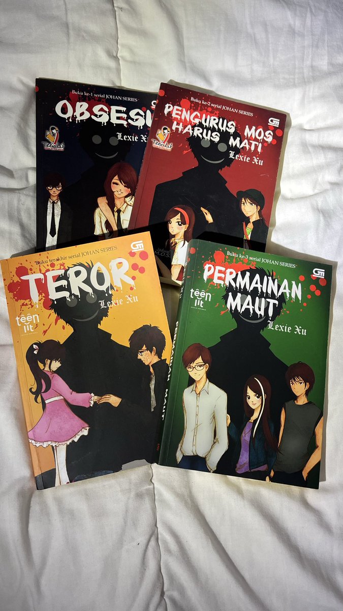 CuratedAndLoved's tweet photo. WTS FOR SALE PRELOVED BUKU 📕 ‼️

LEXIE XU JOHAN SERIES 45k each
Obsesi - pengurus mos harus mati - teror - permainan maut  

‼️TAKE ALL 150K‼️ 

📍 yogya 
Shipping: 🍊/manual
Cek condi boleh DM
#wts #preloved #zonauang #books #teenlit https://t.co/4igKNMSmvt