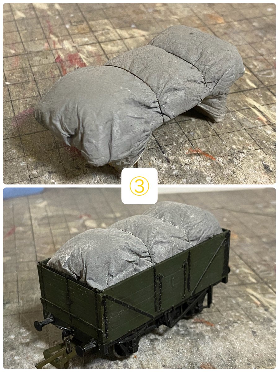 シート貨物の作り方

① まずダンボールで土台を作ります。

② ティッシュで中身を作り、その上にクシャクシャにして広げたティッシュを被せます。

③ 塗装した後に糸を巻き付け、ウェザリングをします。

完成!!

…量産しないと。(:3_ヽ)_