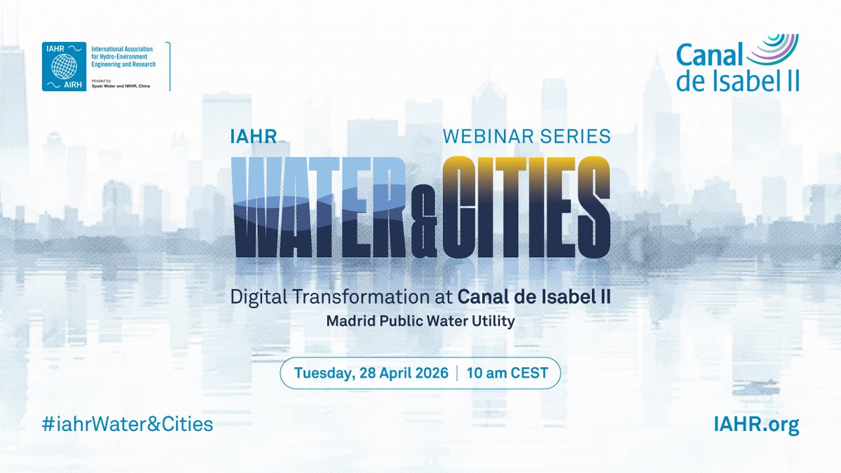 IAHR's tweet image. 💧We are delighted to launch a new webinar series on Water &amp;amp; Cities! iahr.org/index/detail/2…

📅 Tuesday, 28 April 2026
⏰ 10:00 – 11:00 CEST 
📍 Online

#water #engineering #HydroEnvironment #WaterAndCities #DigitalTransformation