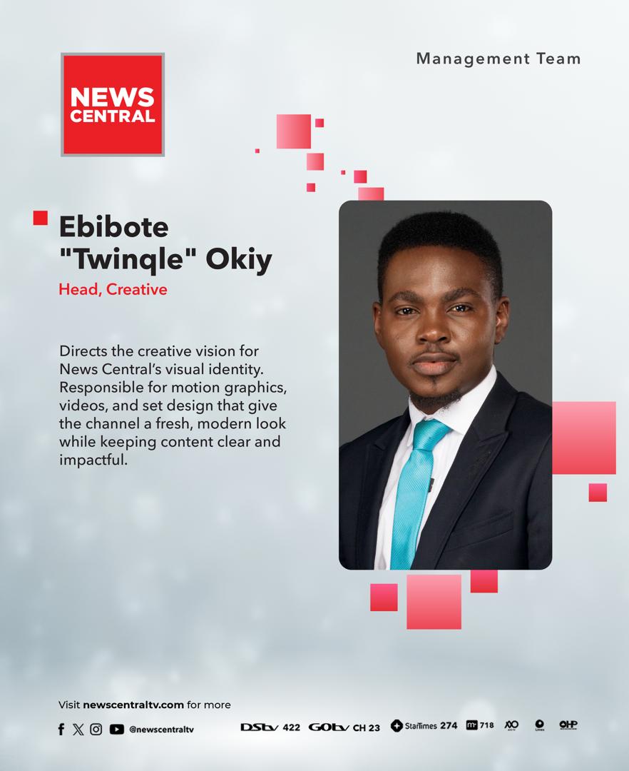NewsCentralTV's tweet photo. @Reaspeaks @tolulopeab @omolaraayotobun @DSAOLA @KathleenNdongmo Meet @Twinkle_okiy, Head of Creative, who shapes the visual identity of News Central. Responsible for motion graphics, video, and set design, he ensures the channel remains modern and impactful. https://t.co/Skrgy7u1Co