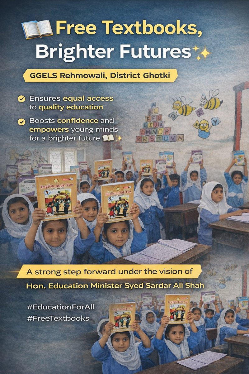 AbbdulsalamR's tweet photo. Free textbooks distributed at GGELS Rehmowali, District Ghotki.
Ensuring equal access to quality education and empowering young minds for a brighter future .
A strong step forward under the vision of Hon. Education Minister @sardarshah1
#EducationForAll #FreeTextbooks https://t.co/pgarQVwrtH