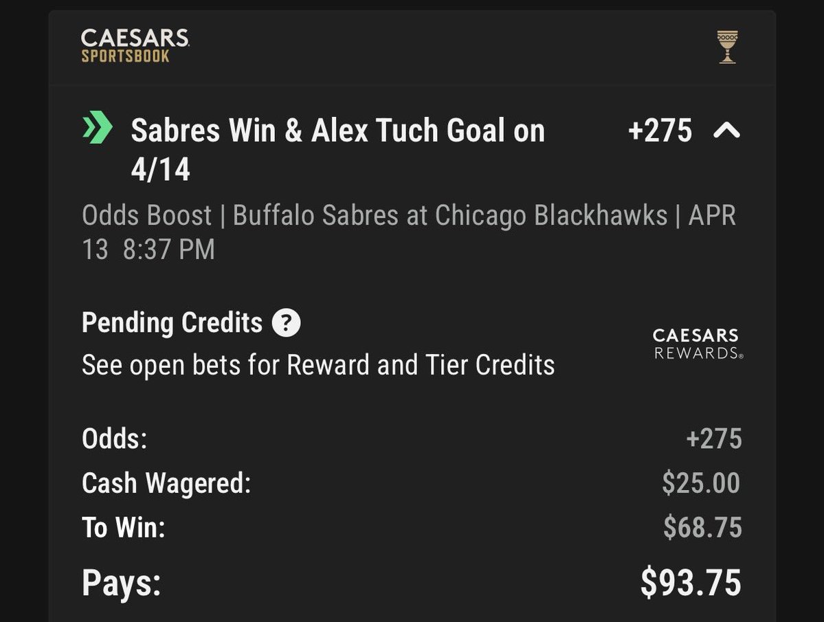 bookies's tweet image. NHL Boosted Odds at Caesars ⚡️ 

Tuch has been rolling with 31 goals this season and the Sabres are rolling into Chicago as big favorites. 🏒

Take advantage of the current Caesars promotion - 10x 100% Profit Boosts on signup (up to $25 max per boost). Great way to build your