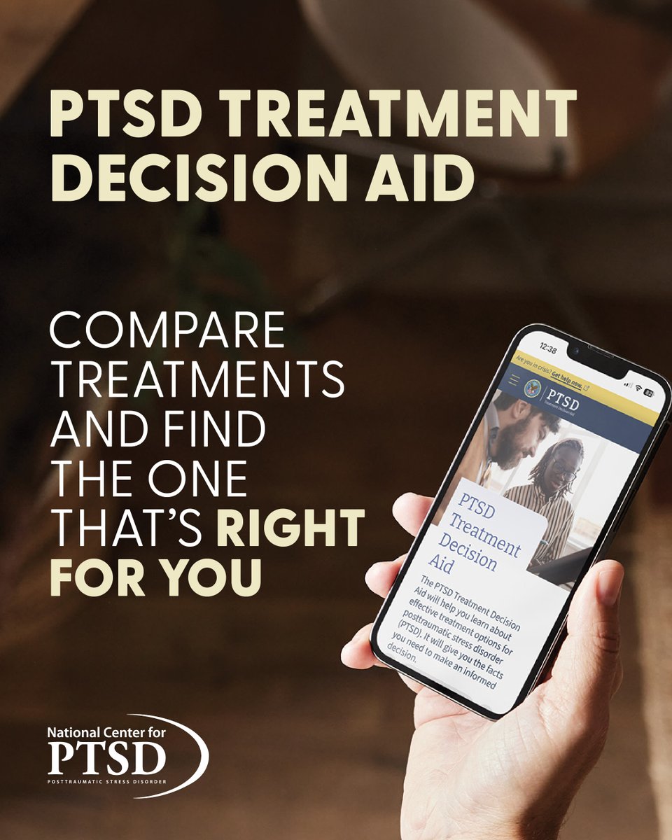 VA_PTSD_Info's tweet image. Do you have questions about your options for PTSD treatment? The PTSD Treatment Decision Aid can help you compare the treatments you’re interested in, so you can feel better informed. Explore treatments: ptsd.va.gov/apps/decisiona… 
 
#PTSDTreatmentWorks #PTSDtreatment #PTSD
