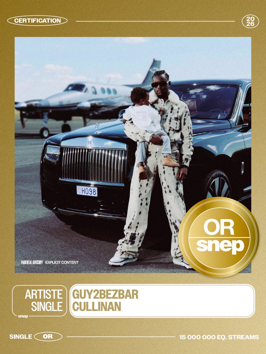 snep's tweet photo. Le titre « Cullinan » de Guy2Bezbar est certifié Single Or ! 📀

15 000 000 équivalents streams 🎧

Bravo ! 👏 https://t.co/pUU4je1vOV