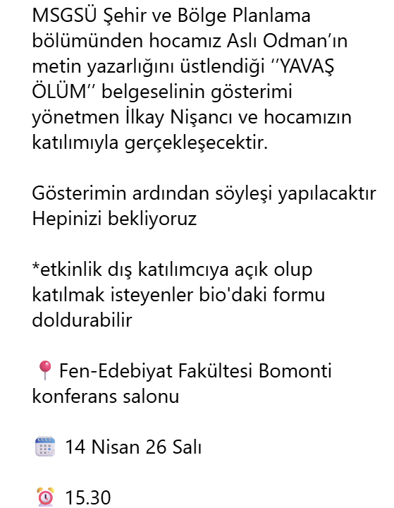 odmanasli's tweet photo. Yarın Mimar Sinan Üniversitesi, Bomonti Kampüsü'nde
 MSGSÜ Sosyoloji Kulübü'nün organizasyonu ile #YavaşÖlüm Belgeseli 15.30da gösterilecek.
Arkasından yönetmeni @ilkayNS ile söyleşi var.
Dışarıya açık, iletişim için afişte bilgi var.
Belgesel Trailer: https://t.co/CQr0njwKVQ
@msgsusak 
@Ekobelgesel 
@isigmeclisi 
@polenekolojik