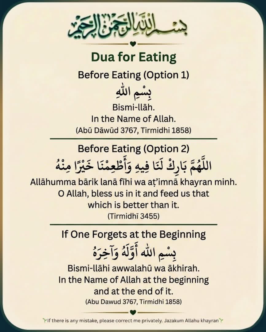_strivingmuslim's tweet image. The importance of starting with the Name of Allah. 🤍🤲🌱
Food is a blessing from Allah, and by reciting these Duas, we invite His mercy and barakah (blessings) into our meals. Here is a quick guide on what to say: #everyone